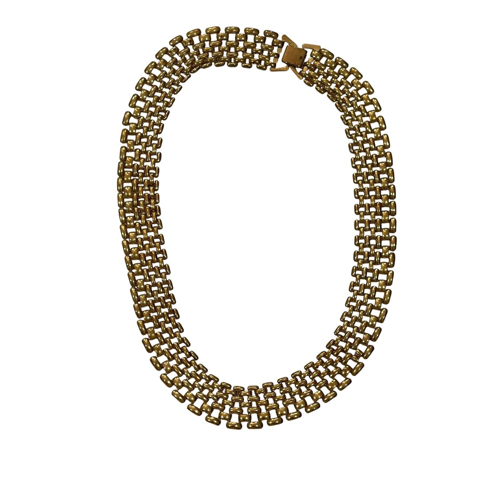 Vintage Gold Tone Wide Mesh Brick Link Collar Necklace Bold Statement Jewelry